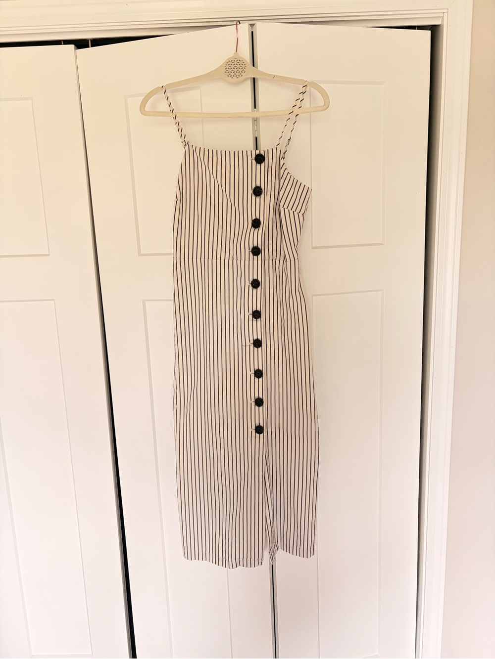 Striped Button-Front Midi Dress in White/Navy